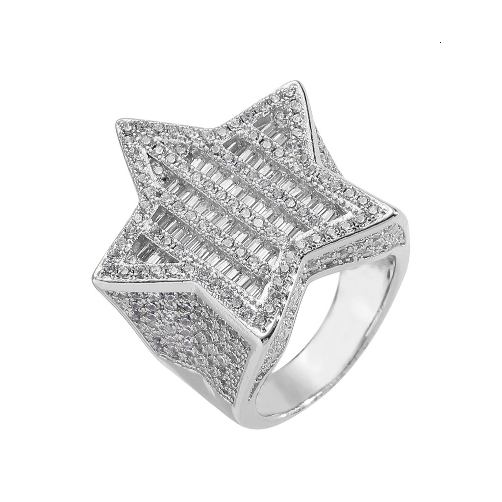 Luxury Moissanite Jewelry New Hip Hop Ring Five Pointed Star Diamond Studded Couple Trendy Matching Rings Pass the diamond tester