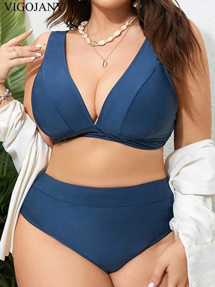 VigoJany 2025 Sexy Solid 2 Piece Plus Size Bikini Women Strapped Push UP Big Swimsuit High Waist Backless Chubby Bathing Suit XJ250624