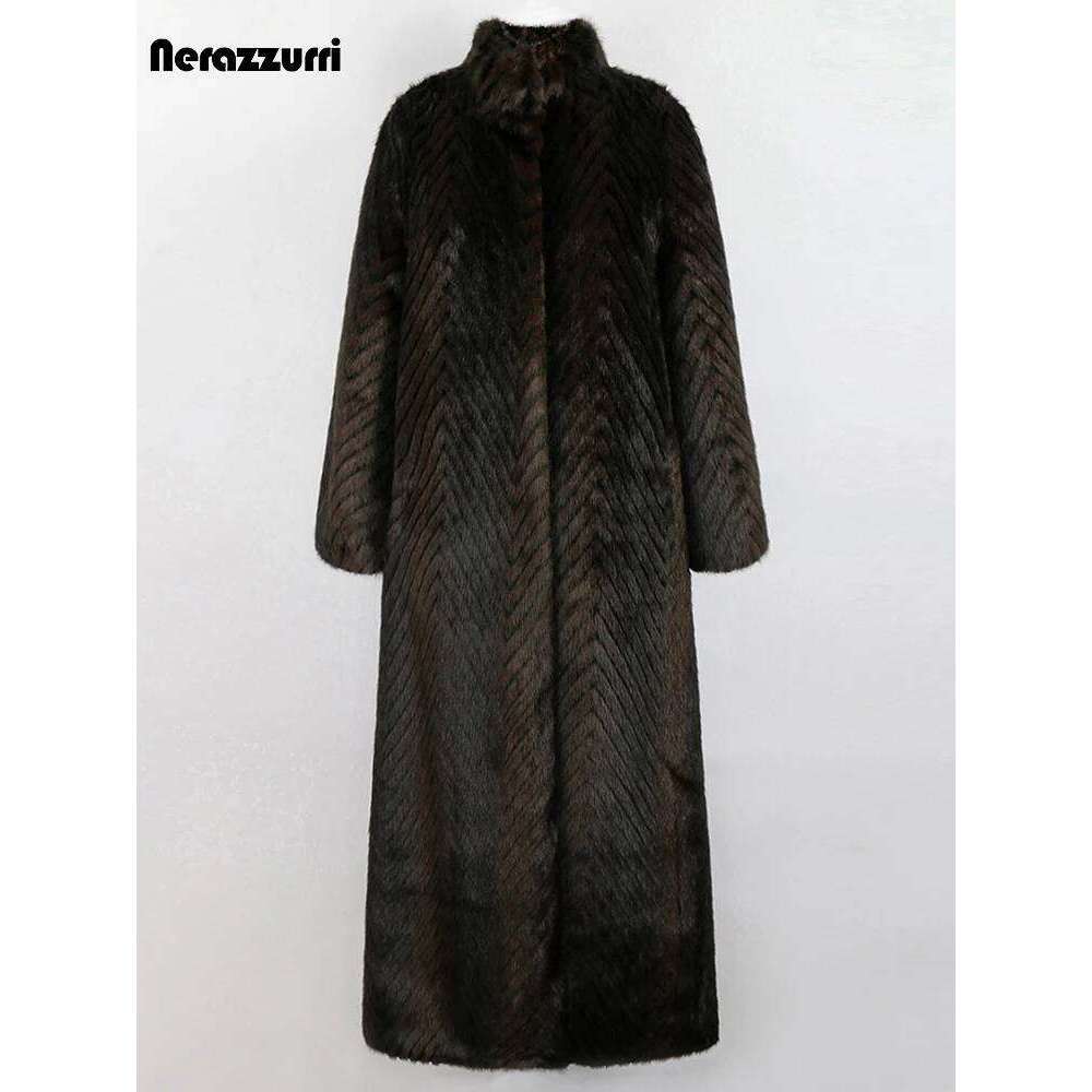 Nerazzurri Winter Extra Long Thick Warm Elegant Striped Fluffy Faux Mink Fur Coat Women Stand Collar Maxi Overcoat 2022