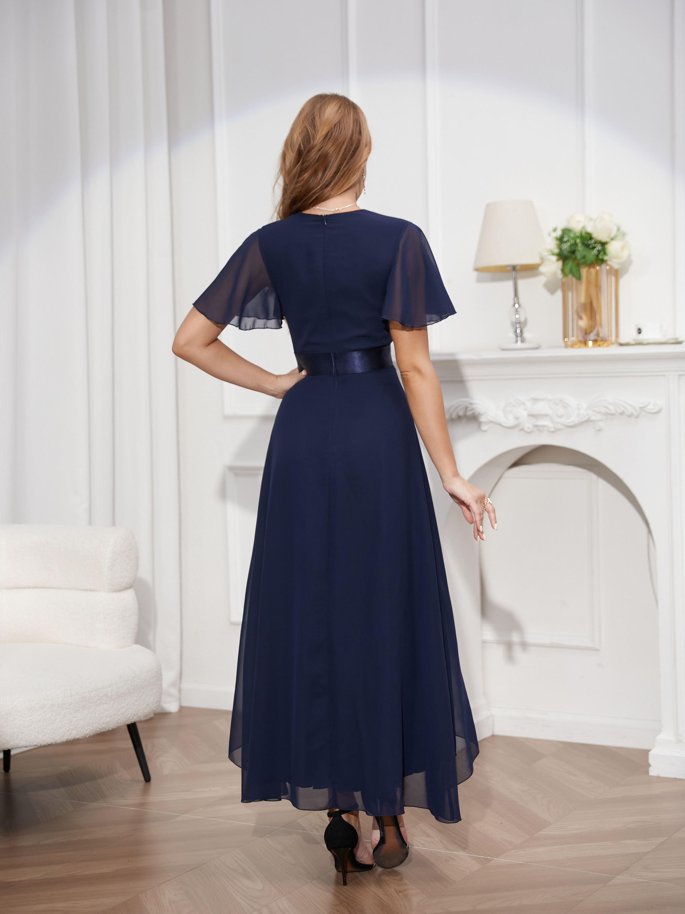 Prom dress trailing skirt front short and back long sexy split deep V dress dress hand-folded elegant tulle dress prom dress bridesmaid