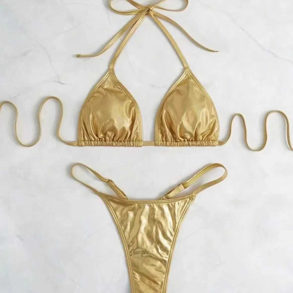 sexy metallic gold glitter halter bikini sets two pieces 2025 women thong bandage swimsuit female bathing suit swimwear bikini XJ250624