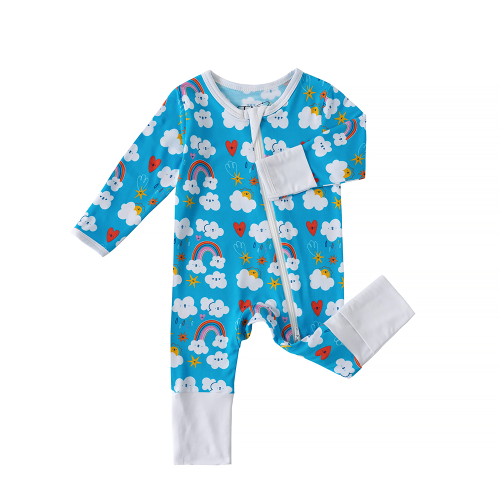 Unisex Custom Printed Two-Way Zipper Infants Pajamas Long Sleeve Bamboo Baby Rompers Bamboo Soft Fabric