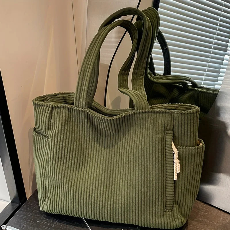 Casual Corduroy Handbag with Zipper Closure Light and Large Capacity Fixed Shoulder Strap Solid Color Daily Handbag 250609