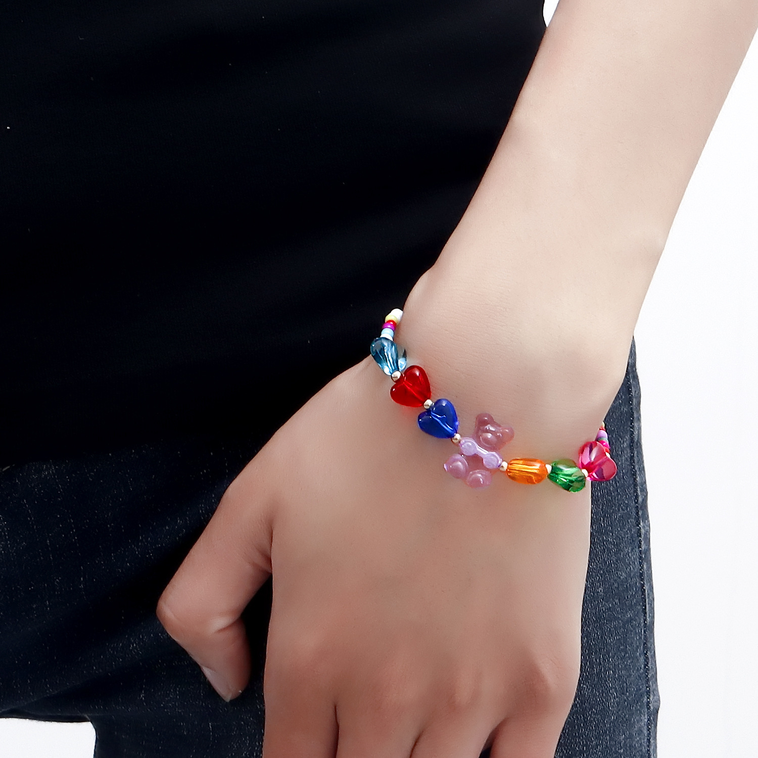 Accessories Bohemian Mixed Color Seed Beads Rainbow Heart Bear Necklace Bracelet Set Cartoon Women Jewelry for Women