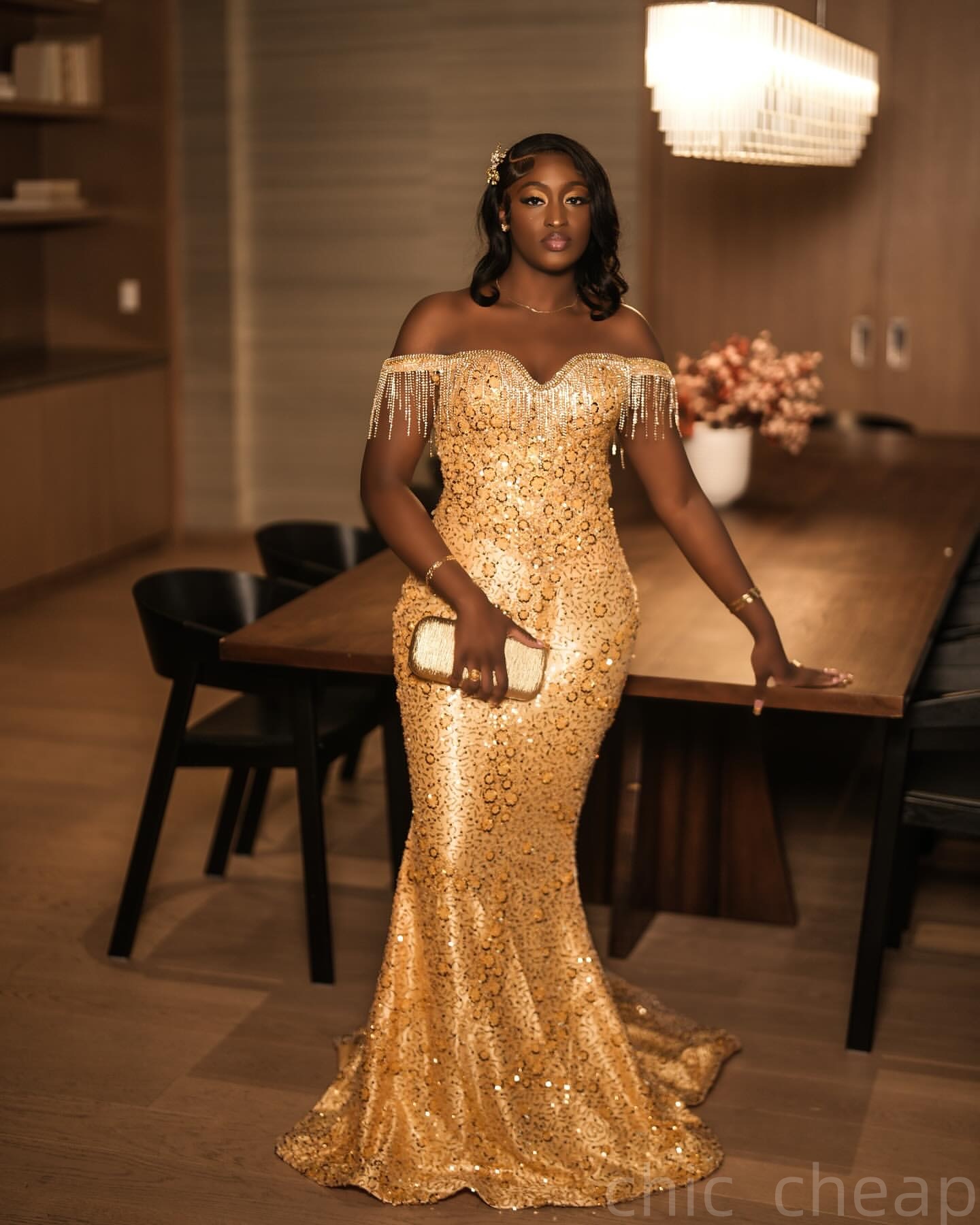 Gold Mermaid Prom Dresses 2025 Tassels Sequined Lace Sparkly Evening Formal Party Second Birthday Engagement Gowns Plus Size Dress For Special Occasio