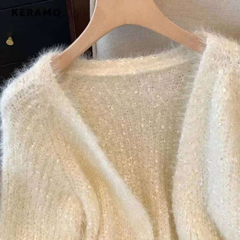 Women Solid Color Knitting Long Sleeve V-Neck Cardigans 2024 Winter ashion Casual Single Breasted Warm Wool Sweater