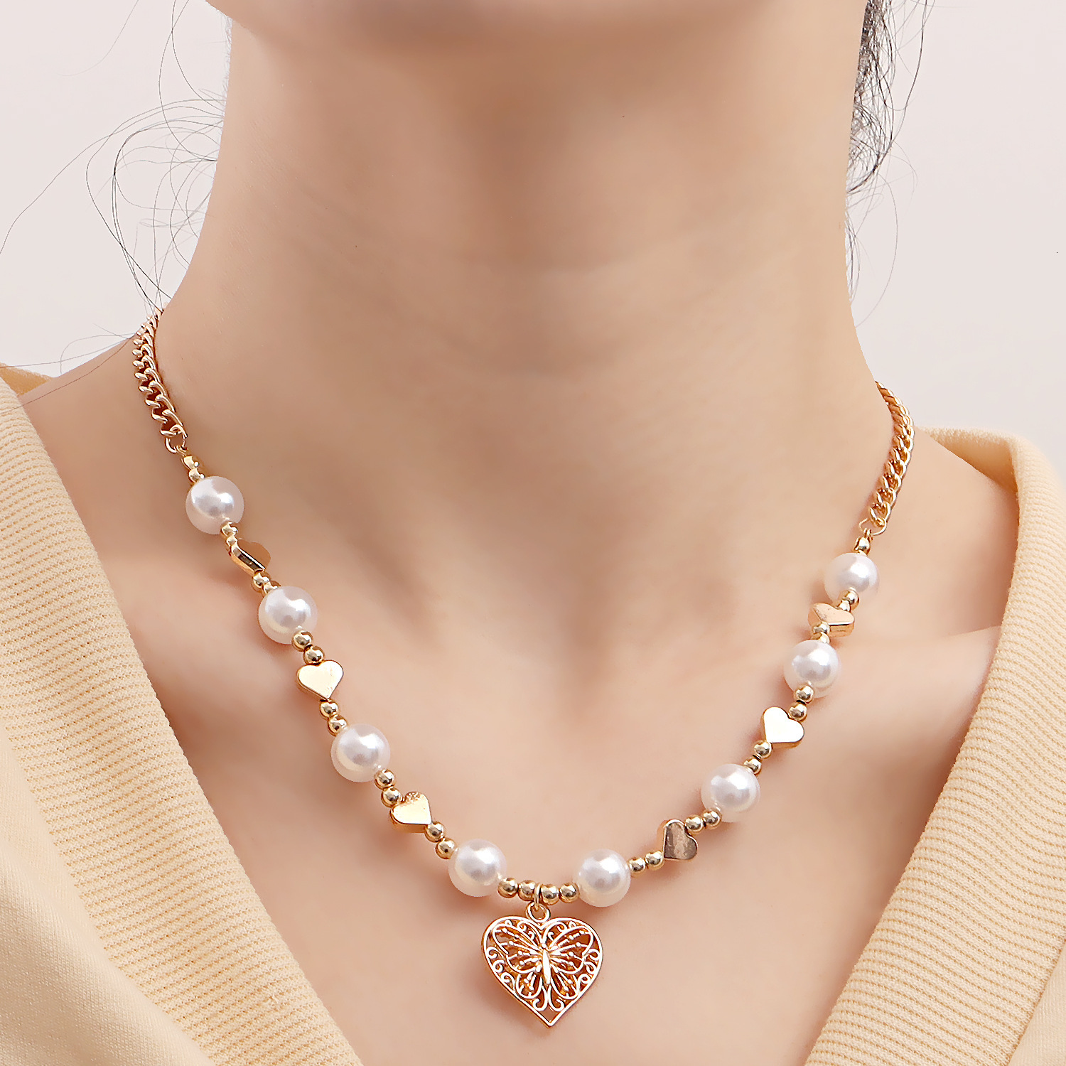 Faux Pearl Collarbone Chain Splicing Personality Hot Girl Simple Geometric Heart Trendy Metal Necklace Jewelry for Women