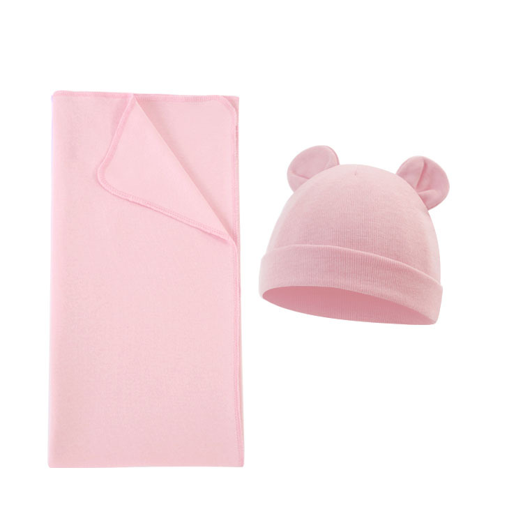 Wholesale Custom Knitted Bamboo Fiber High-Elasticity Baby Swaddle Wrap Set, Including Hat and Newborn Blanket