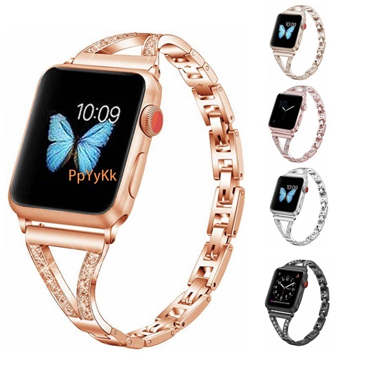 Luxury Premium Herringbone Rhinestone Stainless Steel iWatch Band High-End Elegant Bling Strap for Apple Watch Series 1-10