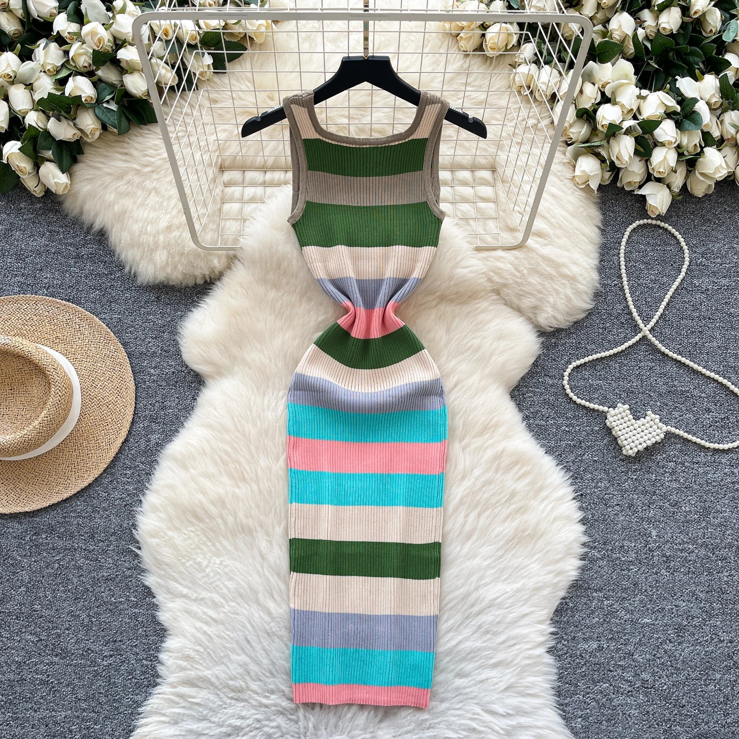 Chic Elastic Knit sleeveless Bodycon striped Women Elegant Korean Fashion Vestidos Summer Slim Wrap Pencil Dress 250618