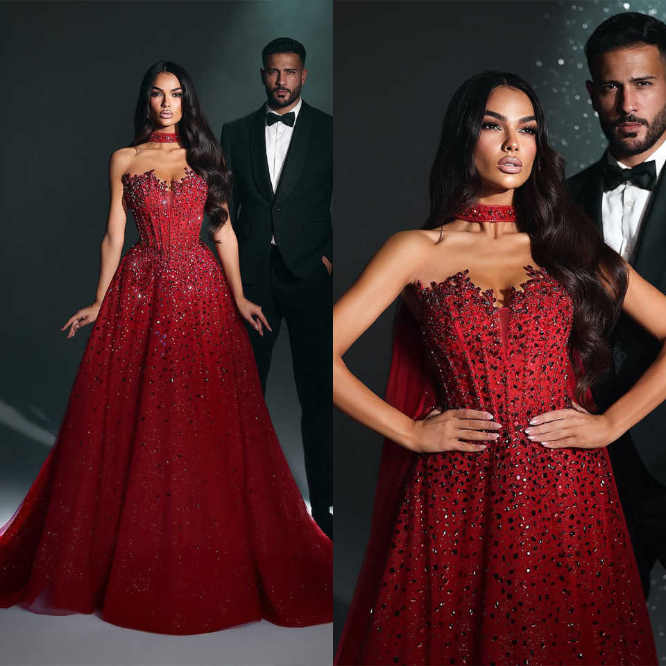 Graceful Red Evening Dresses A-Line Formal Occasion With Appliques Crystals Sequins Back Cape Prom Floor Legnth Vestido De Noite Customized