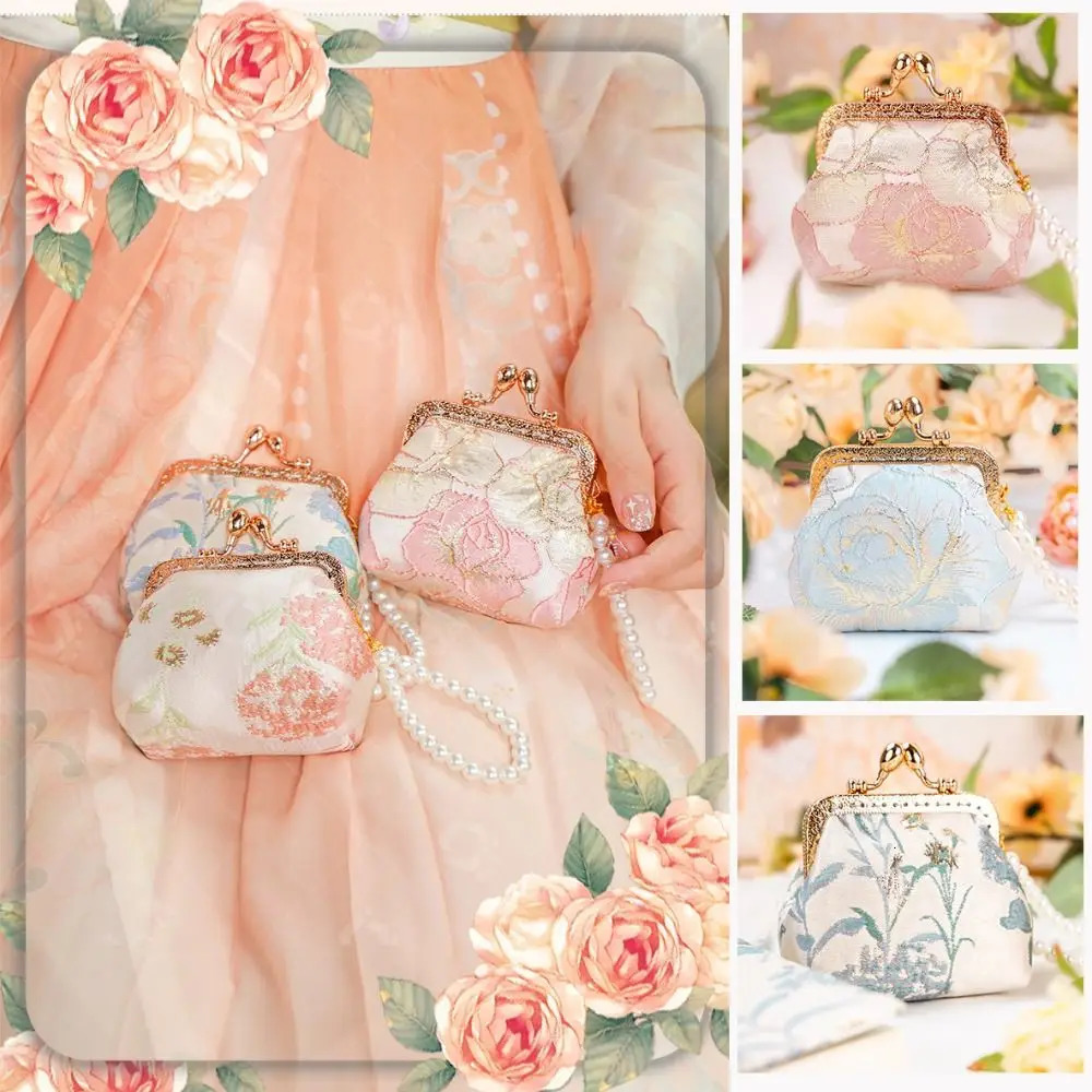 Brocade Embroidered Coin Purse Handheld Chinese Style Wallet Pearl Elegant Evening Clutch Women 250623