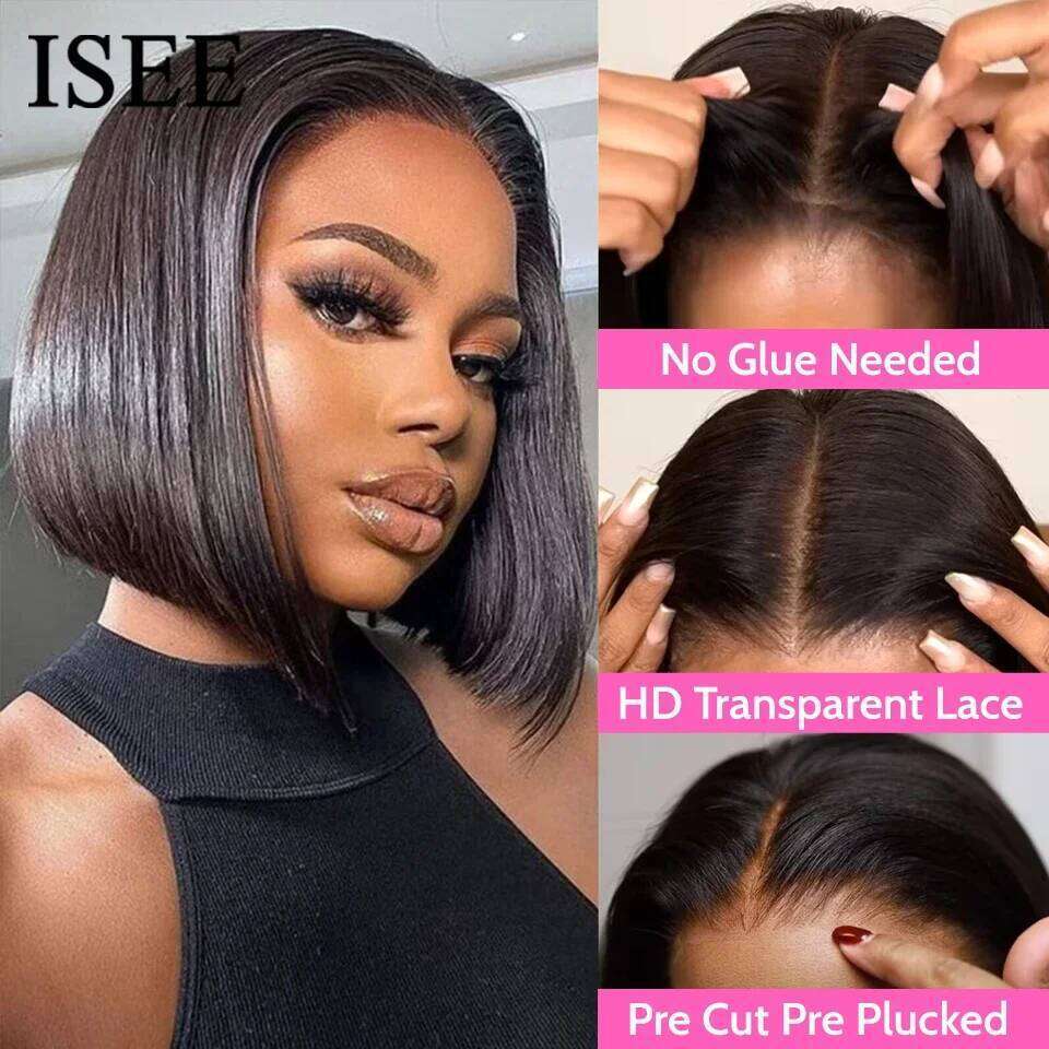 Wear And Glueless Hair Wig HD Straight Short Bob 4x4 Lace Frontal Pre Plucked Human Wigs Ready To Go ISEE HAIR