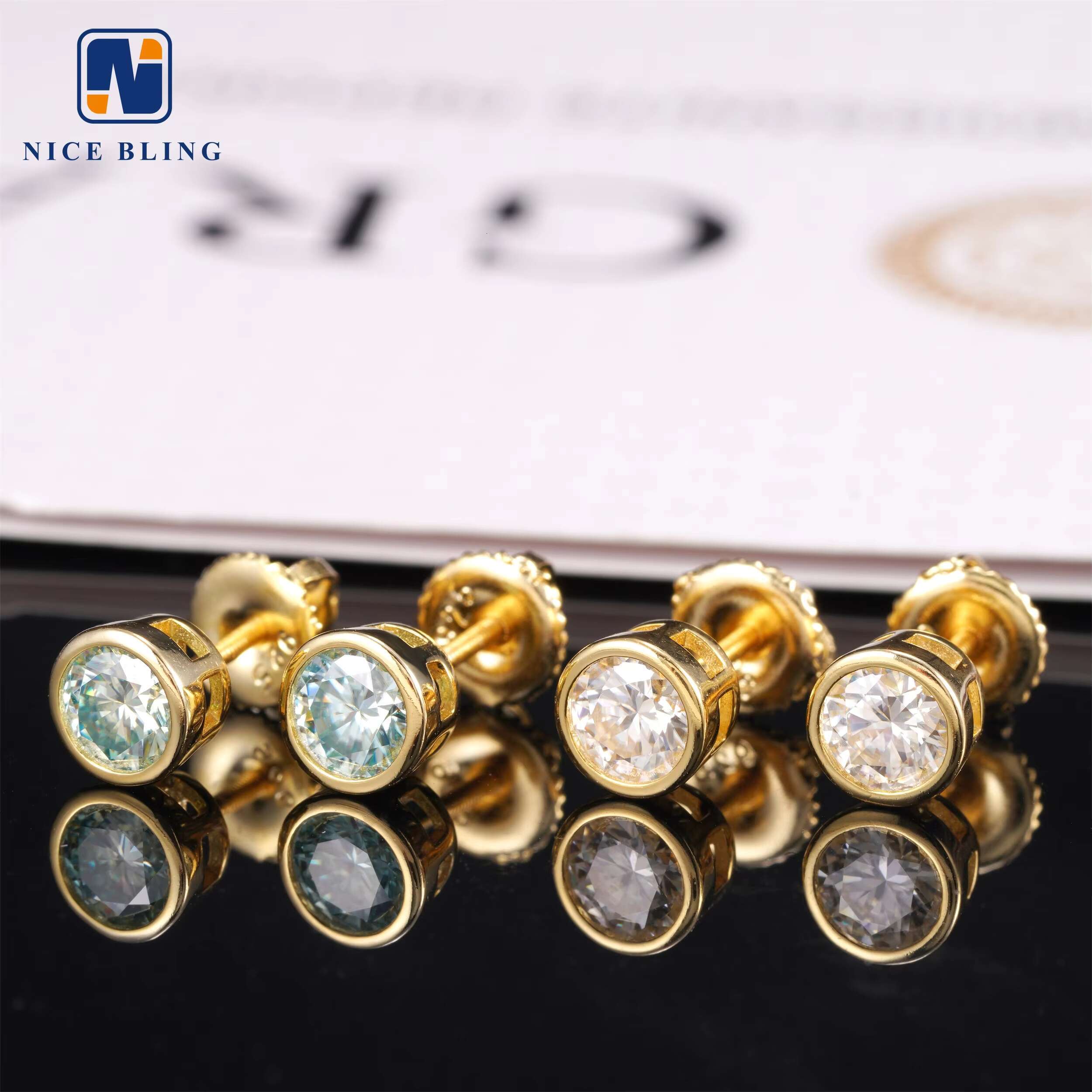 Bezel Setting Blue Green Moissanite Diamond Earrings 18K Gold Plated Silver Jewelry Hip Hop 6mm Ear Studs
