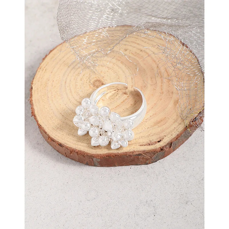 F.I.N.S Korean S925 Sterling Silver Heart Beads Flower Cluster Ring Wide Statement Mid Finger Fine Jewelry Fashion Accessories 250624