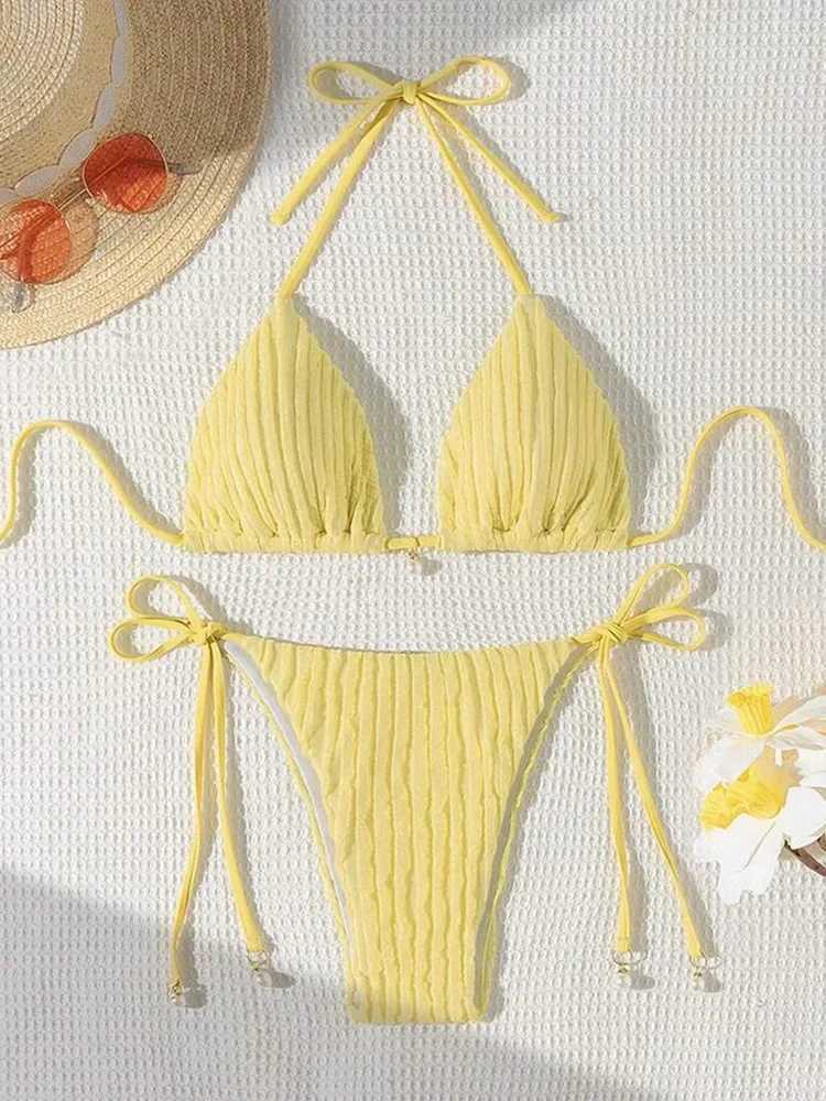 Vzvn 2025 New Summer Swimwear Bikinis Set Sexy Backless Bikini 2 Pieces Set Women Laced Up Solid Split Swimsuit Beach BikiniXJ250624