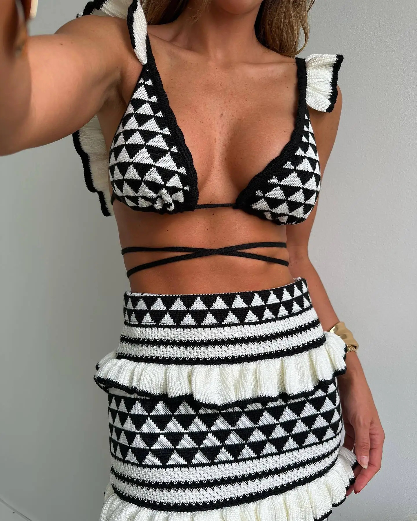 Cryptographic Elegant Ruffle Detail Sexy Backless Boho Dress Sets Club Outfits Bandage Knitting Top and Skirt Matching 250616