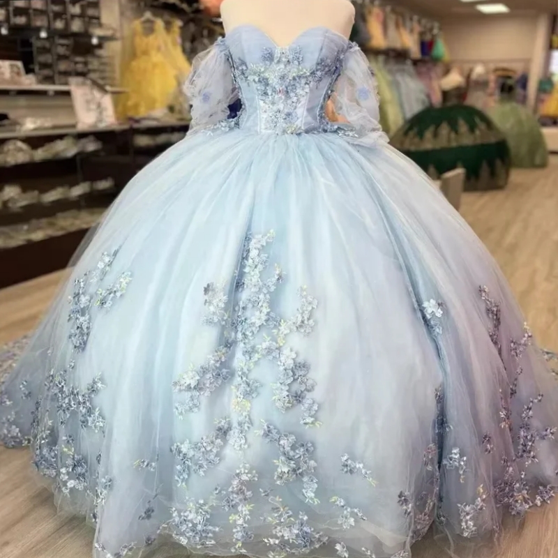 Light Blue Quinceanera Dresses Lace Applique Beads Tull Ball Gown Lace-Up Sweet 16 Dress Vestidos De 15 Anos