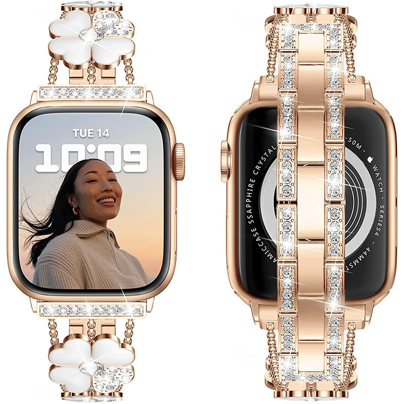 Luxury Premium Moissanite iWatch Series 10 Band Fashion Women's Four-Leaf Clover Rhinestone Bling Designer Strap Elegant Glamorous Metal Wristban