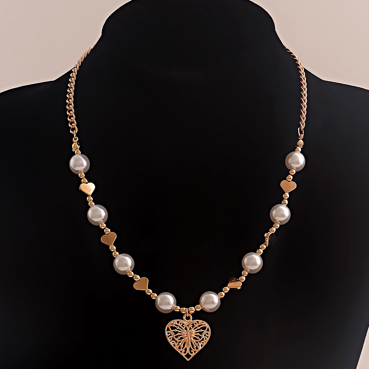 Faux Pearl Collarbone Chain Splicing Personality Hot Girl Simple Geometric Heart Trendy Metal Necklace Jewelry for Women