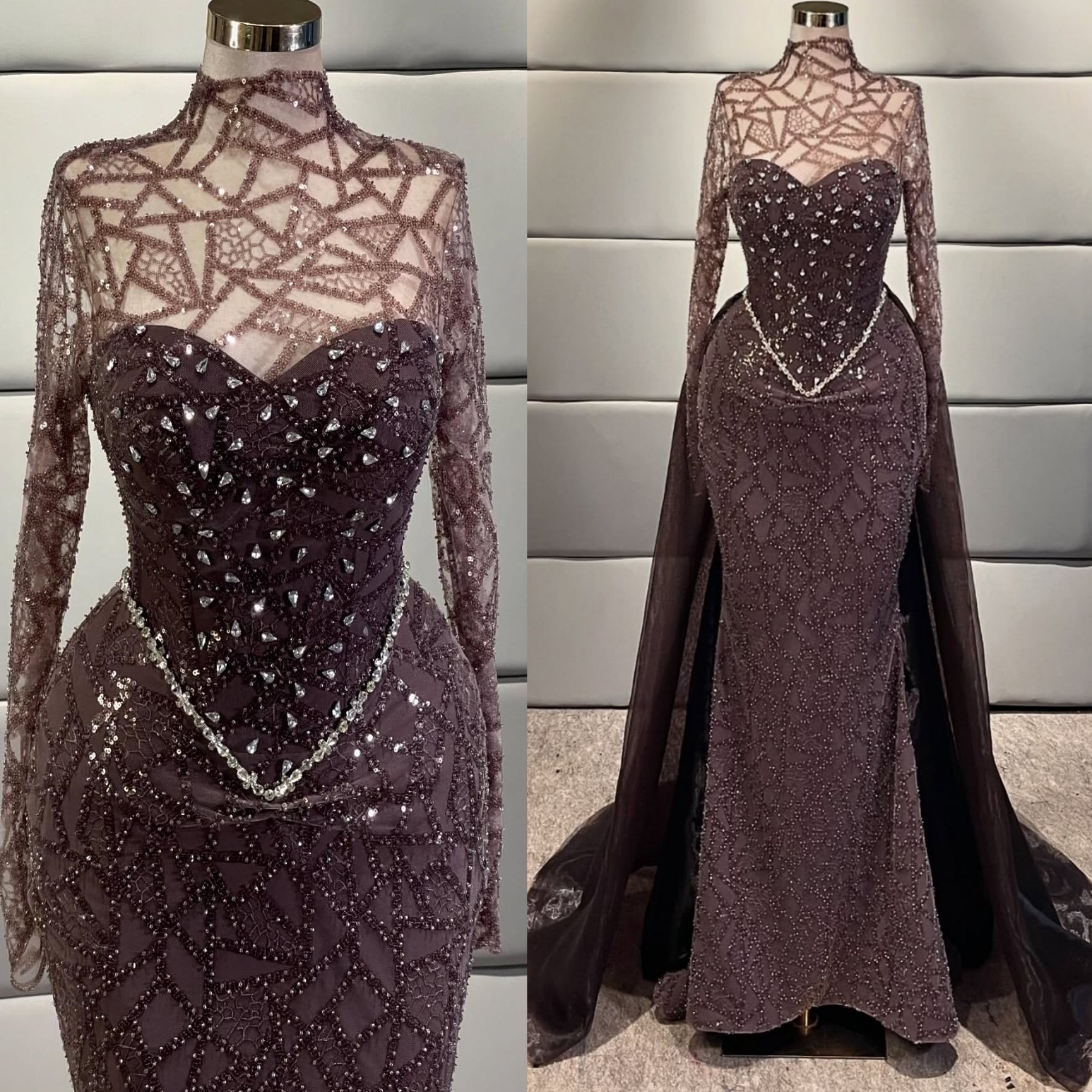 Chocolate Mermaid Prom Dresses 2025 Beaded Crystals Detachable Train Evening Formal Party Second Birthday Engagement Gowns Plus Size Dress For Special