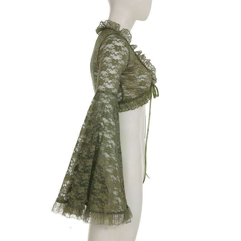 SUCHCUTE Green Y2K Mori Girl Flared Sleeve Cardigan For Women Tie-up Lace Cover-Ups Perspective Ruffes Cropped Shirts Coquette