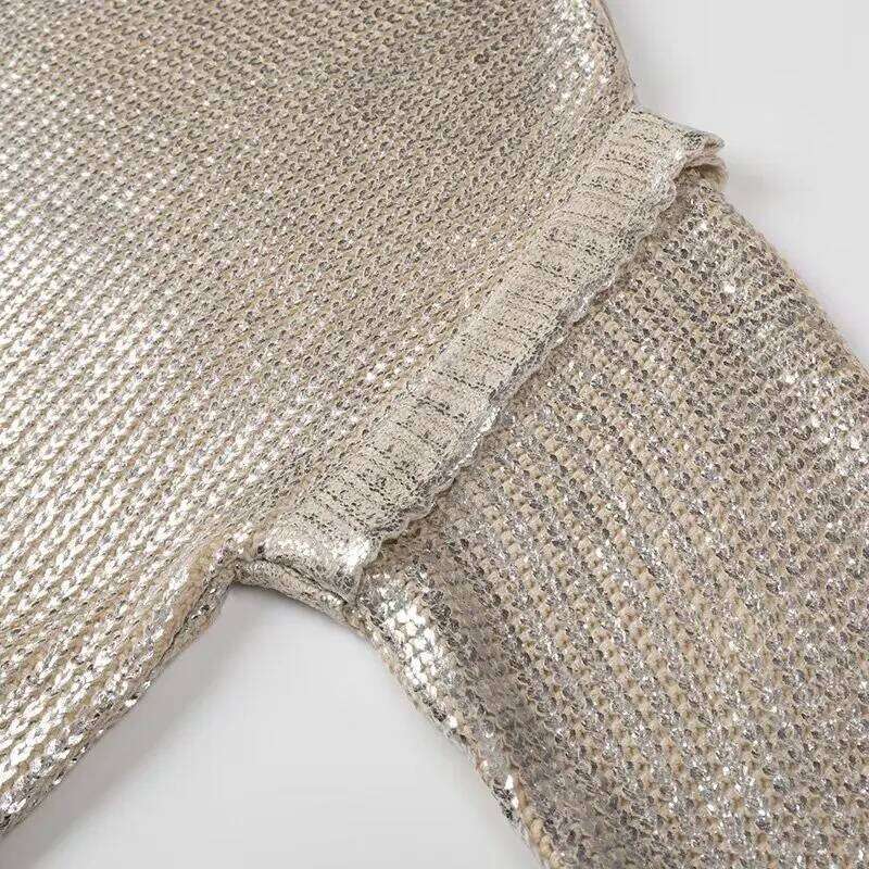 2024 Spring Women Retro Bronzing Sier Sweater Drop Shoulder Long Sleeve Rib Knitted Pullover Knitwear Jumper