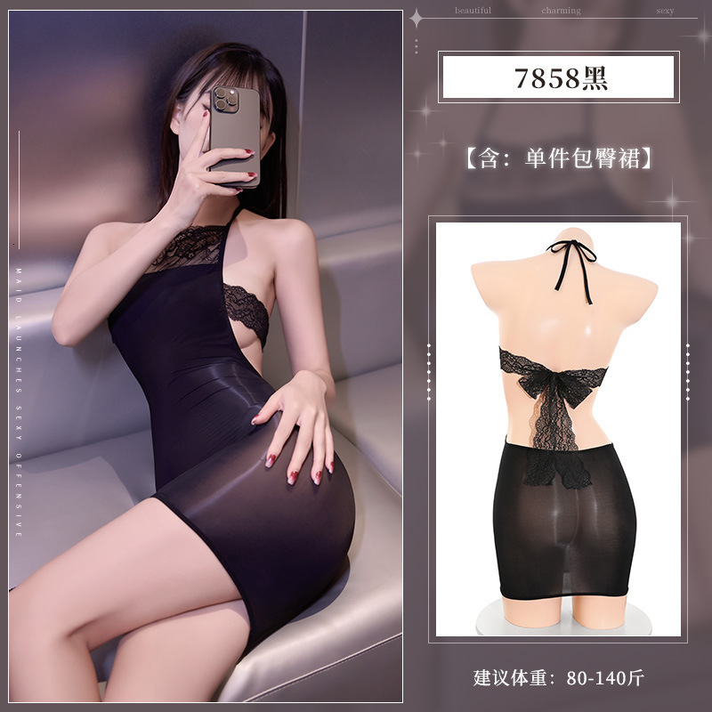 Feimu Lingerie Hollow Waist Sexy Lace Bellyband Glossy Bodycon Dress Thin Temptation Strap Horse Oil Stockings