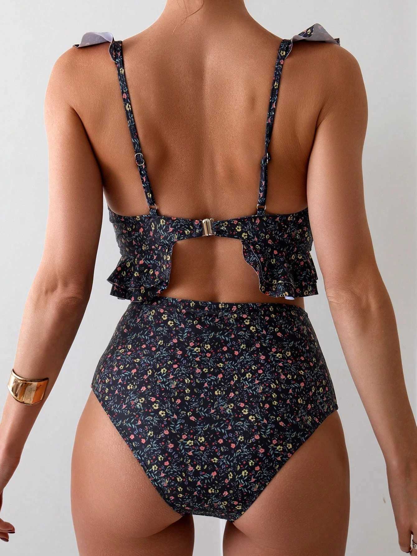 Lace print bikini split suit high-waisted conservative design covering the belly and looking thin XJ250624