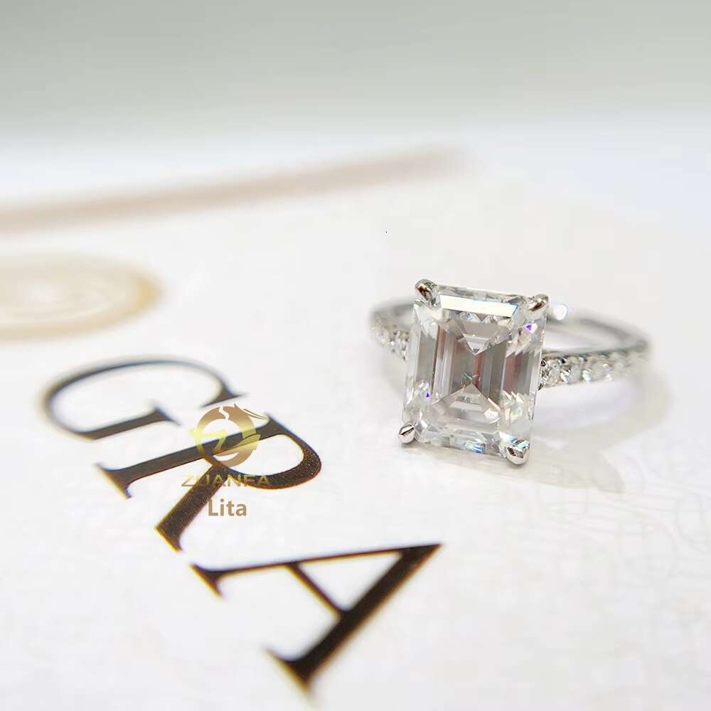 Wholesale Price Prong Setting Iced Out 5ct Emerald Cut Moissanite Sterling Silver Engagement Rings