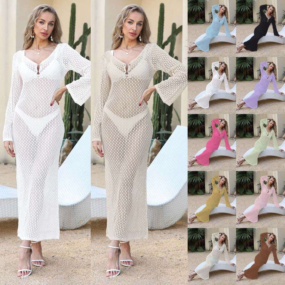 Summer New Solid Color Sexy Flare Sleeve Hollow Out Beach Long Dress Bikini Cover-Up B5