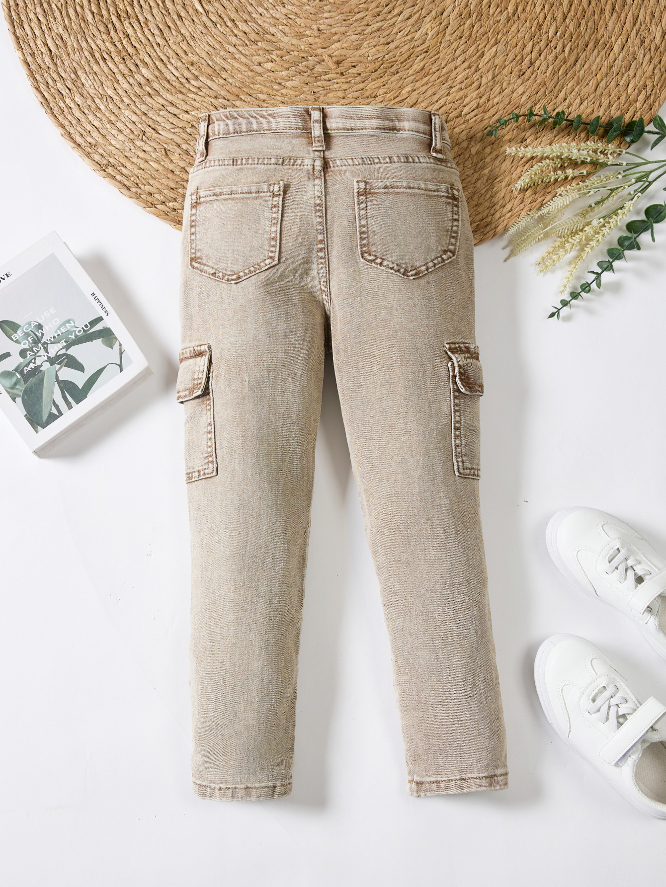 Trendy Light Beige Kids' Denim Long Trousers with Workwear Style
