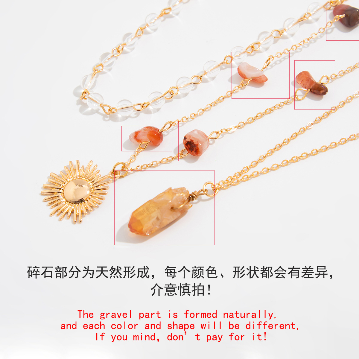 Fashion Irregular Stone for Women, Multi-layer Sun Pendant Tassel Layered Necklace with Design Sense