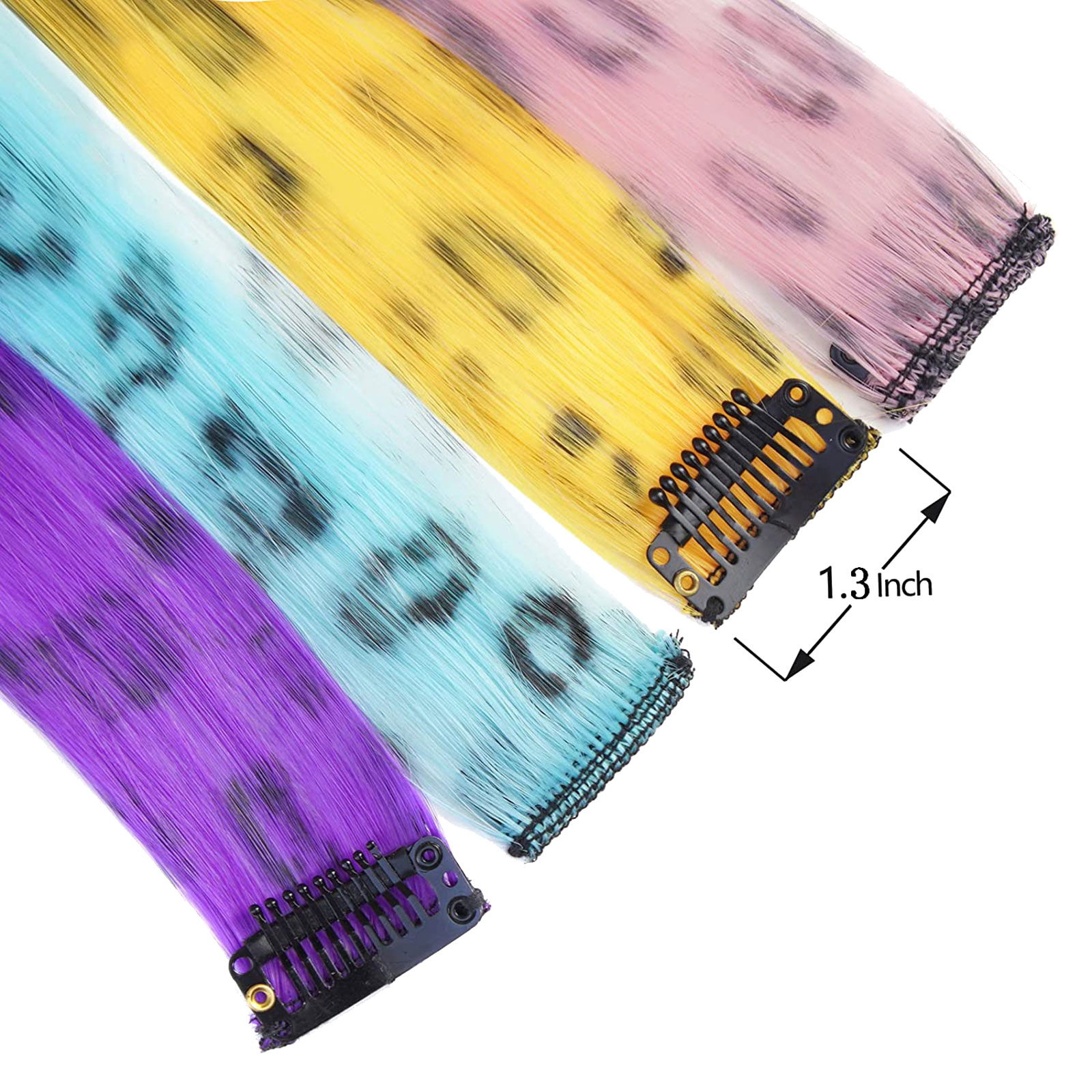 LeeWin Straight Printed Color Clip in Hair Extension,Leopard Print,12pcs/Set Clip on Hair for Kids,Kids Hair Extensions Suit for Woman Girls