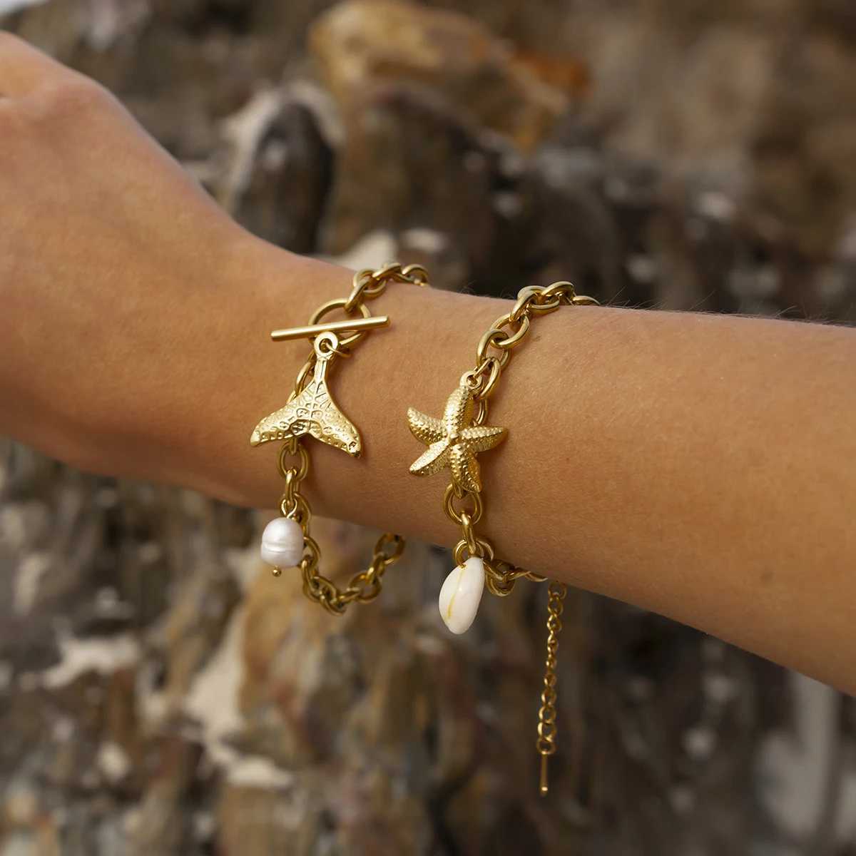 Zora Wens Trendy Holiday Style Conch Pendant Bracelet 18K Gold-plated Stainless Steel Chain Waterproof Jewelry for Vacation X250625