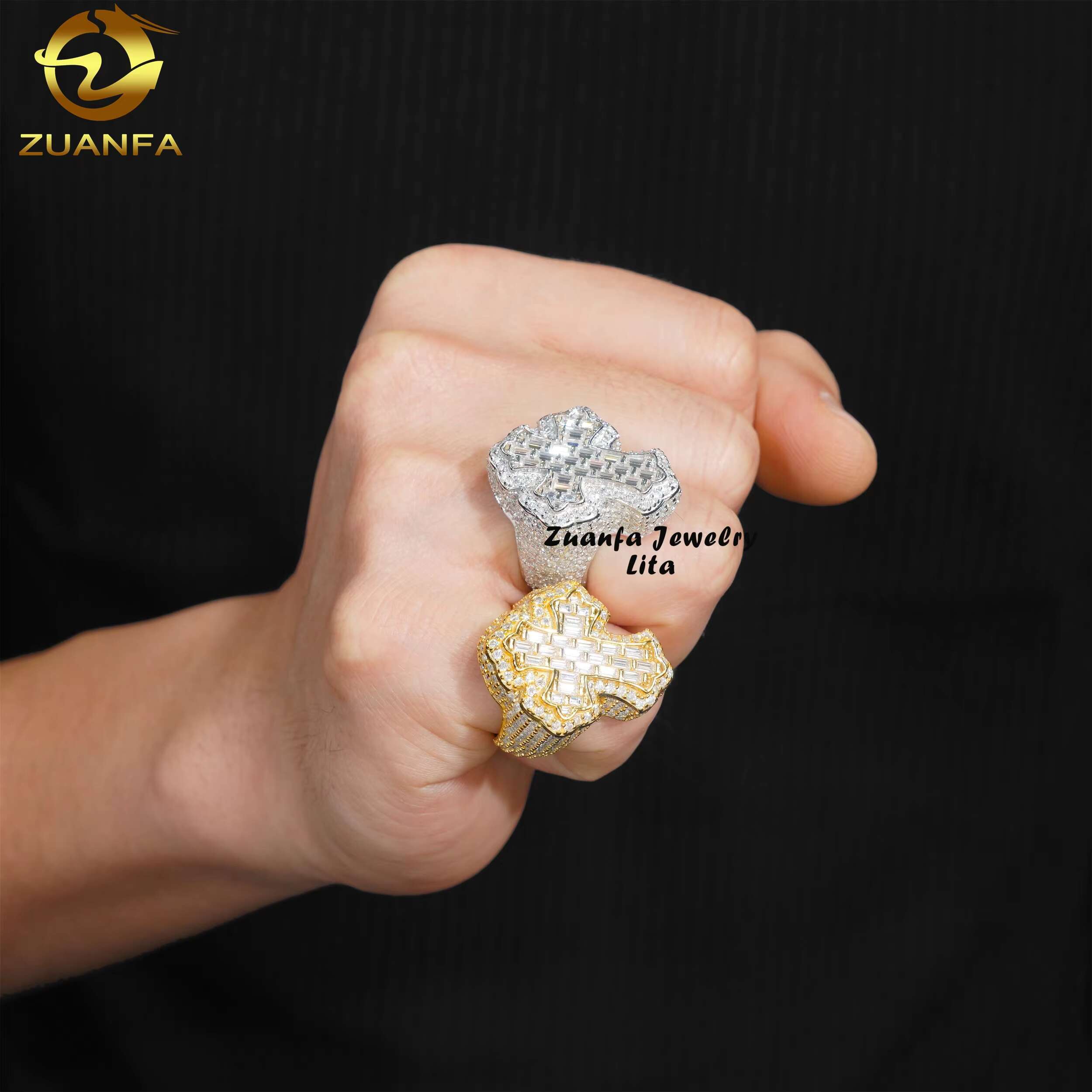 Wholesale Price Top Quality Iced Out Jewelry 925 Sterling Silver Mens Hip Hop Moissanite Cross Ring