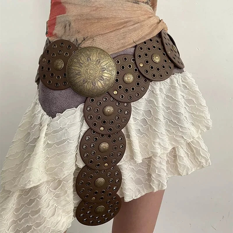 Spice Girl Y2K Harajuku Style Vintage Rivet Patchwork Wide Belts For Women High Street Faux Leather Waistband cinturones 250618