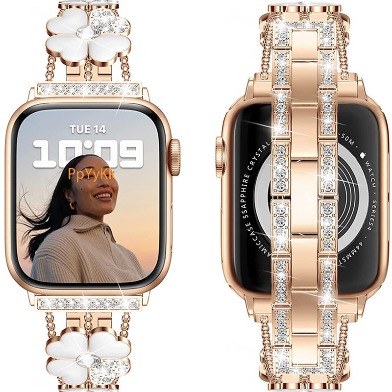 Luxury Premium Moissanite iWatch Series 10 Band Fashion Women's Four-Leaf Clover Rhinestone Bling Designer Strap Elegant Glamorous Metal Wristban