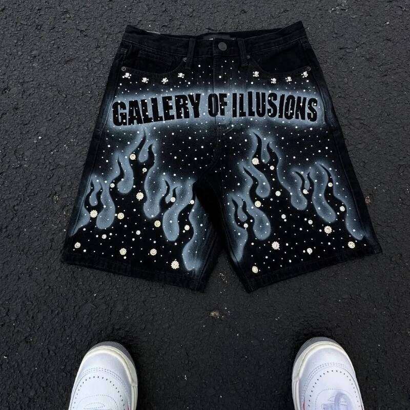 Y2K Vintage Flame Pattern Rhinestone Decoration High Waist Denim Shorts Haruku Hip Hop Men NEW fashion Streetwear
