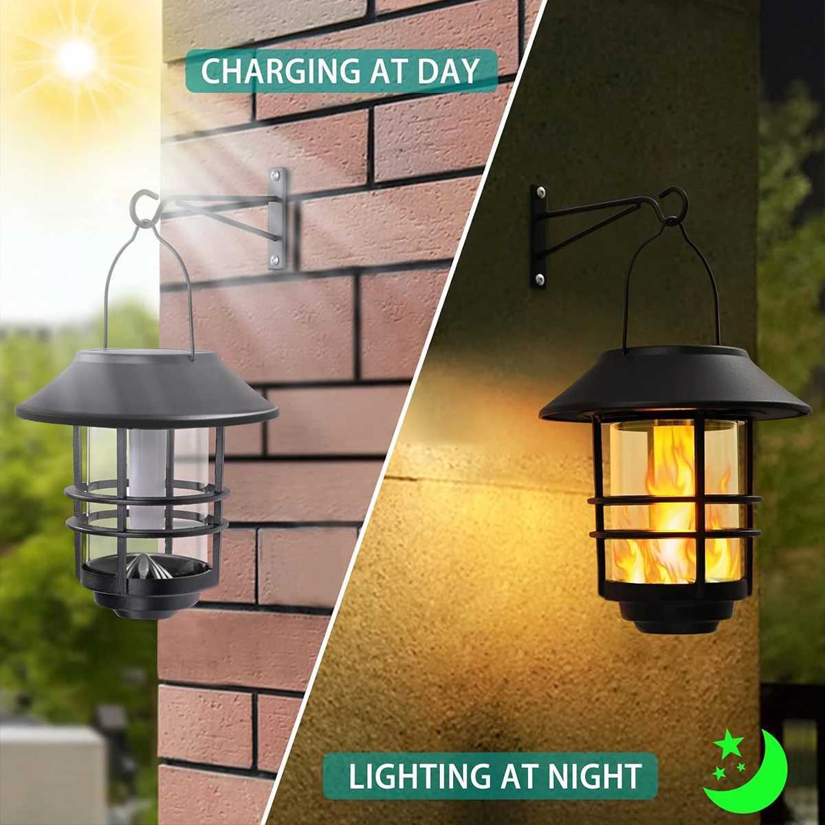 2Pack Solar Wall Lantern Outdoor Flickering Flames Solar Sconce Lights Outdoor Hanging Solar Lamps Wall Mount for Front Porch XJ250624