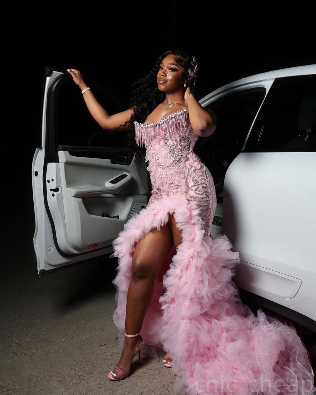 Pink Mermaid Prom Dresses 2025 Florals Crystals Tassels Tiers Tulle Evening Formal Party Second Birthday Engagement Gowns Plus Size Dress For Special 