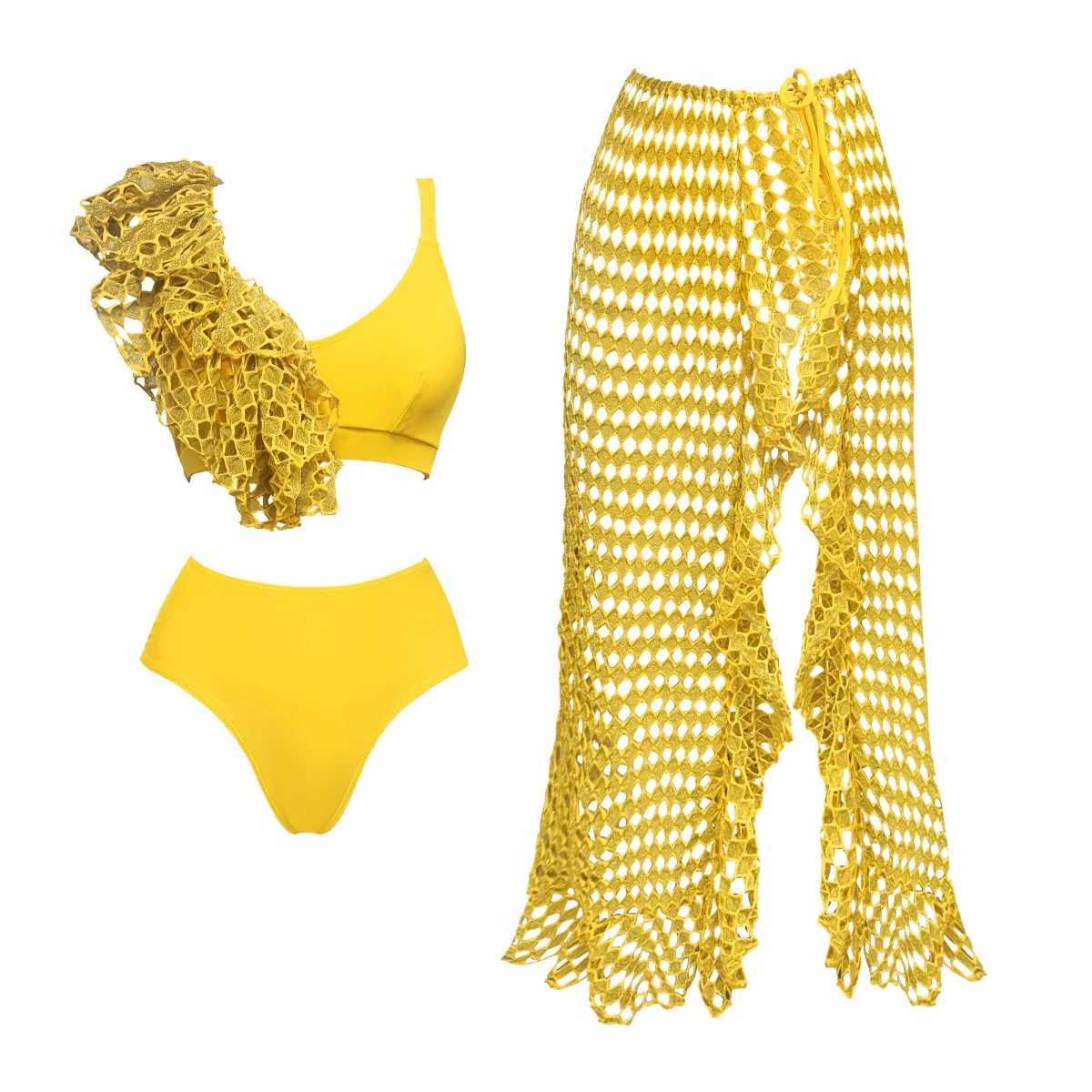 3Pcs Ruffle Bikini Sexy Women Swimsuit Female Push Up Swimwear With Crochet Skirt High Waisted Swimming Suit Beachwear Biquini XJ250624