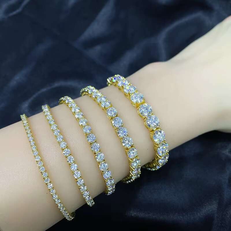 Hiphop S925 Sterling Silver Ice Out 4mm 5mm Round Moissanite Diamond Bling Tennis Chain Gold Plated Bracelet for Men and Women