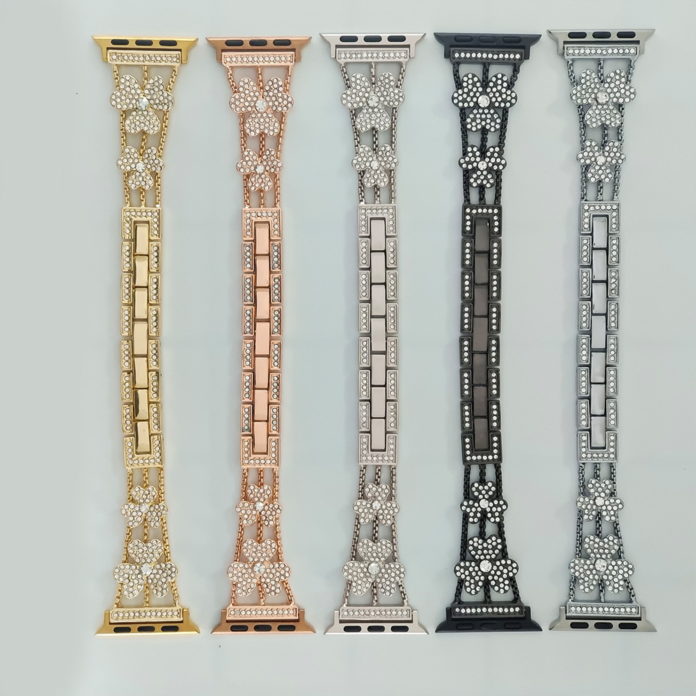 Luxury Fashion Clover Diamond Inlaid Metal Watch Straps for Apple iWatch 9-1 Series