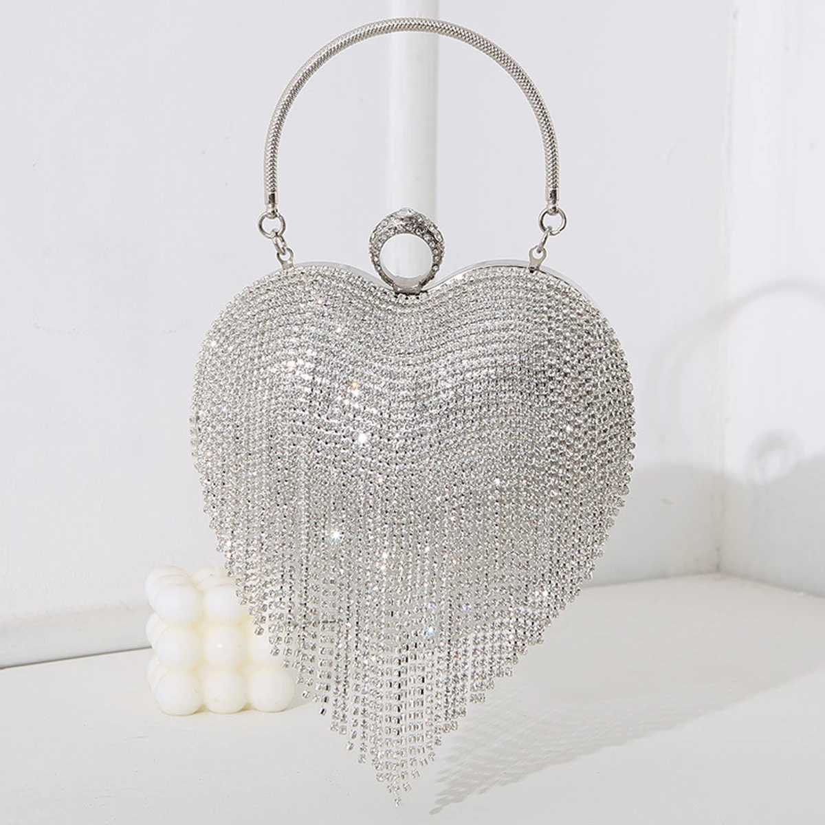 Rhinestone Evening Bag Heart Pattern Silver Handbag Womens Diamond Tassel Banquet Clutch And Purse Wedding Bridal Prom Wallets M250625