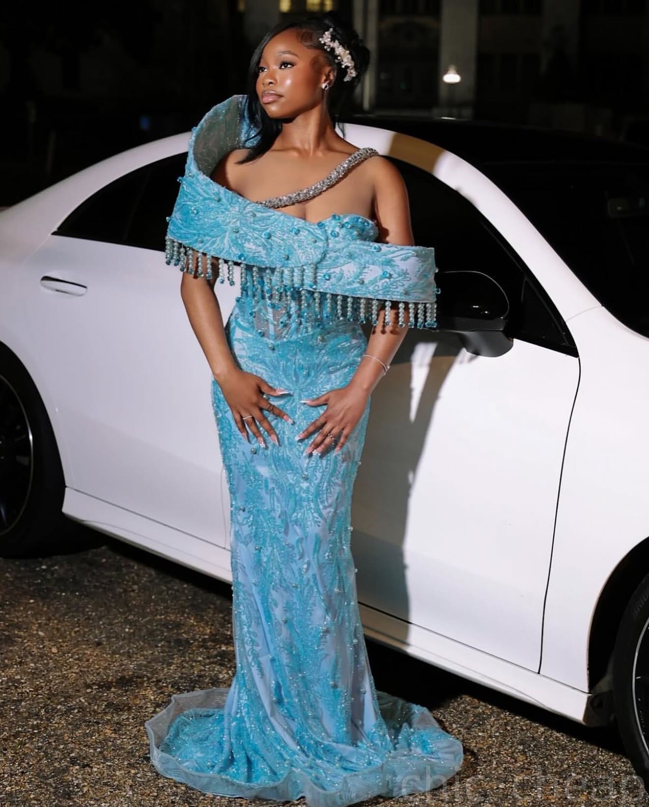 Sky Blue Mermaid Prom Dresses 2025 Pearls Crystals Sequined Lace Evening Formal Party Second Birthday Engagement Gowns Plus Size Dress For Special Occ