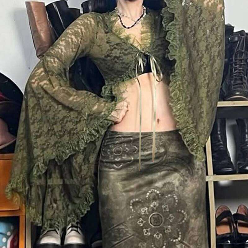 SUCHCUTE Green Y2K Mori Girl Flared Sleeve Cardigan For Women Tie-up Lace Cover-Ups Perspective Ruffes Cropped Shirts Coquette