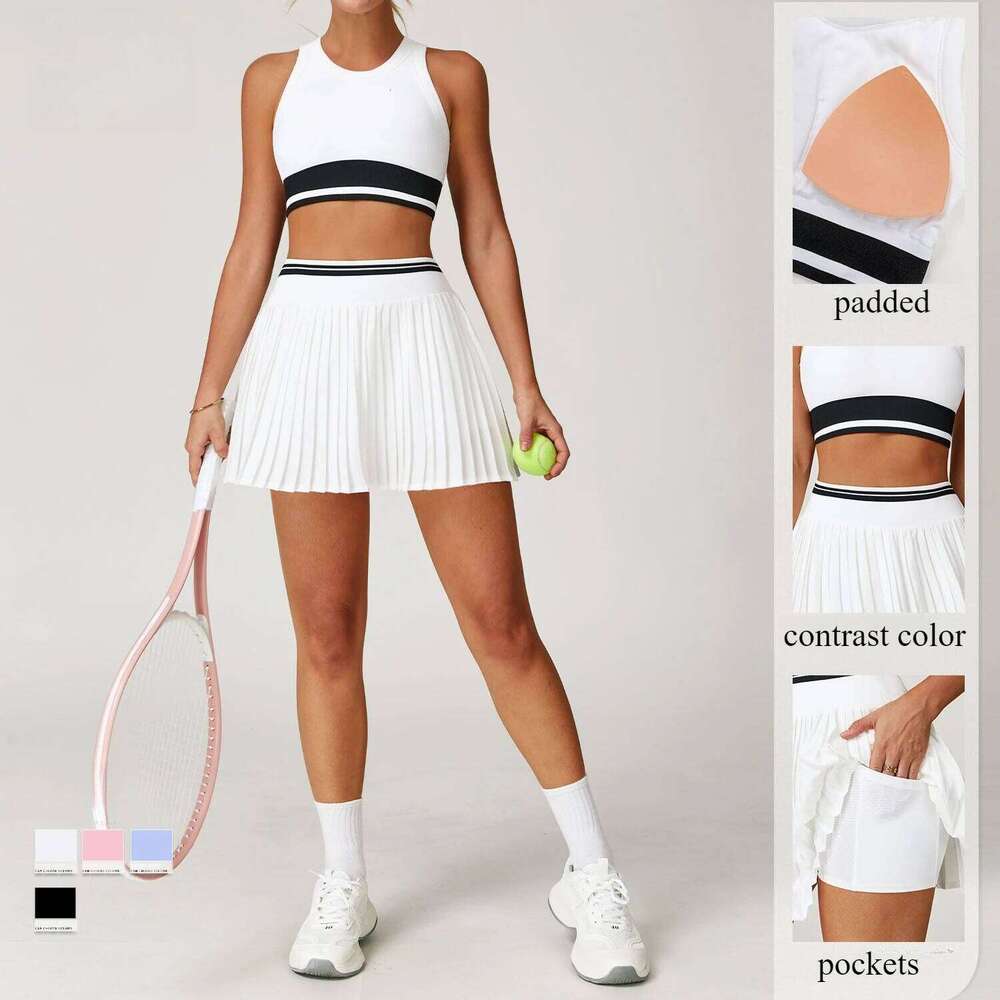 2 Piece Pockets Golf Leggings Set Women Tennis Dress with Shorts Underneath Badminton Pleated Skirt