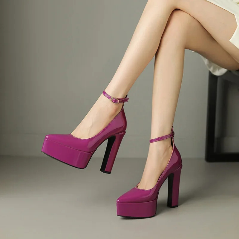 Ochanmeb Patent Leather Pumps Women Super High Heels Thick Sole Platform Shoes Woman Pointed Toe Ankle Buckle Party Wedding Pump 250624