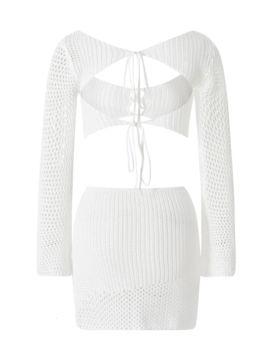 Women Tops Skirt Suit Long Sleeve Cutout Crop Shirt Solid Color Wrapped Short 250614